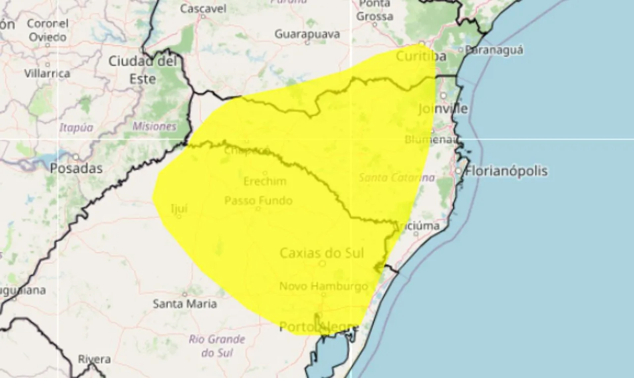 O mapa mostra as &aacute;reas em alerta para chuva intensa